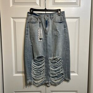 NWT NOISY MAY Distressed Jean Denim Midi Skirt Size M Medium Light Wash Blue